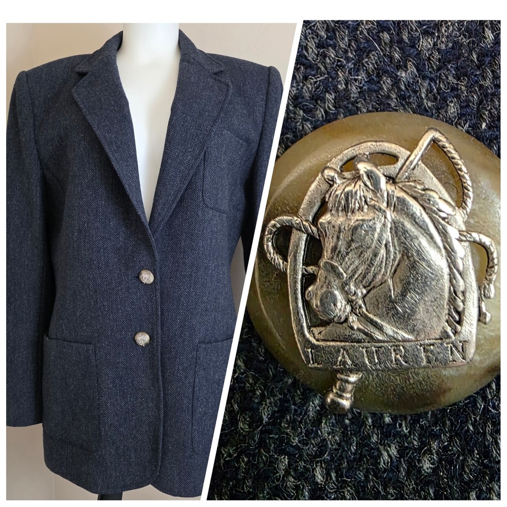 VTG Lauren Ralph Lauren Navy Wool Blazer Equestrian Crest Polo Horse Buttons 8